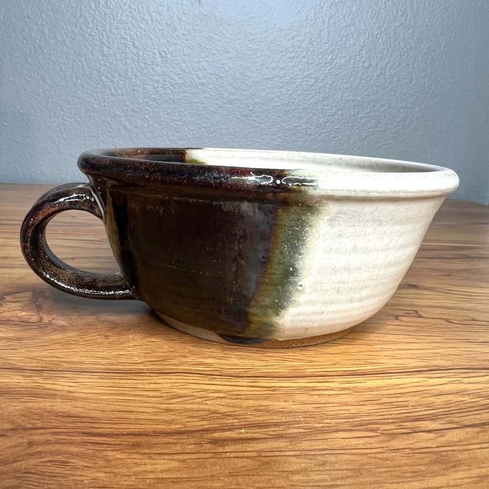 Studio Pottery Soup Mug Handmade Signed Artisan Rustic Drip Glaze Stoneware